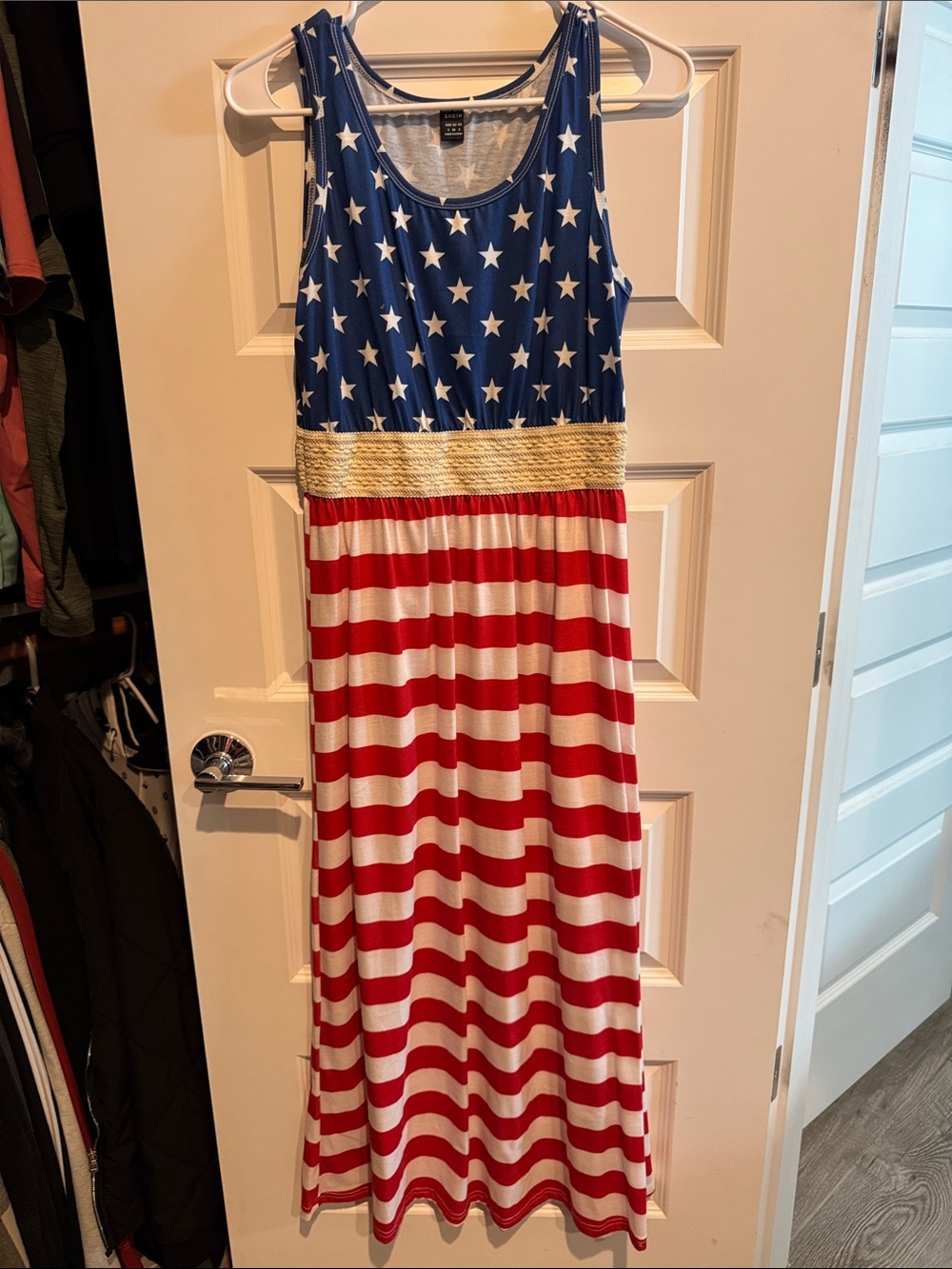 SHEIN womens Sleeveless Star Print Maxi Dress in Blue, Red & White